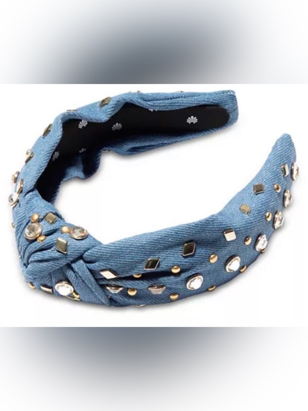 LELE SADOUGHI knotted blue denim headband, embellished with crystals and studs
